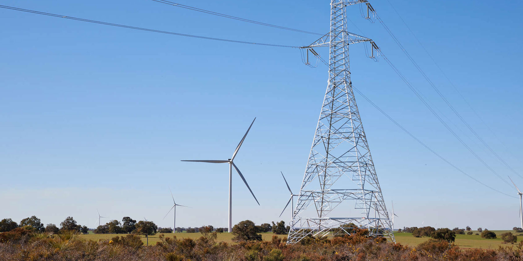 Transmission tower in a field with wind turbines in the background